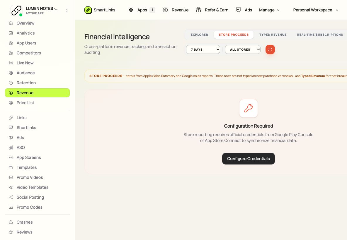Connect official store reporting credentials in SmartLinks
